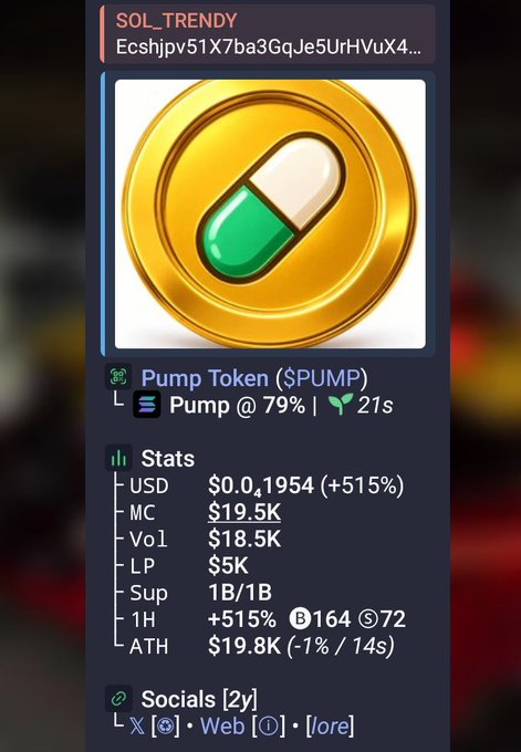 A crypto tracking interface for 'Pump Token ($PUMP)' showing a gold coin icon with a green and white pill, listing stats: USD $0.0,1954 (+515%), MC $19.5K, Vol $18.5K, LP $5K, Sup 1B/1B, 1H +515%, and ATH $19.8K, with the address starting 'Ecshjpv51X7ba3GqJe5UrHVuX4...'.
