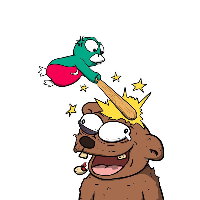 Cartoon illustration of a green bird character hitting a brown bear-like character on the head with a wooden bat, with yellow stars indicating impact.
