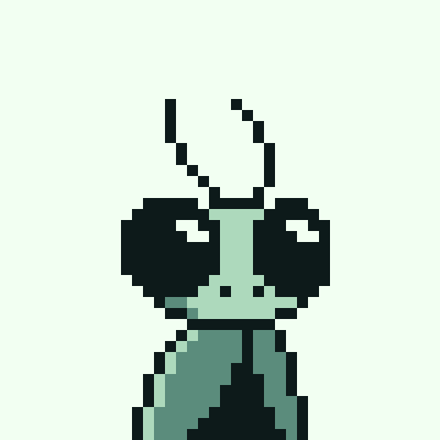 A pixel art character with horns and large round ears, wearing a dark and teal outfit, shown from the chest up.