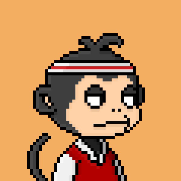 This pixel art image shows a monkey with dark fur and large eyes, wearing a black headband with red and white stripes and a red vest over a white shirt, set against a solid orange background.