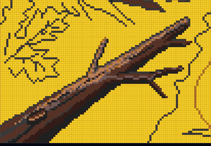 A pixelated close-up view of a brown tree branch extending diagonally across a bright yellow grid background, showcasing the detailed pixel artwork created as part of the collaborative "Autumn Forest Hollow" Day #1133 project on Basepaint.