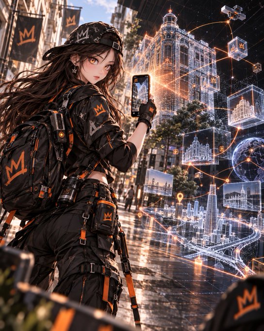 An anime-style digital artwork of a woman in black tactical gear with orange 'M' logos holding a phone that projects holographic cityscapes and data connections.