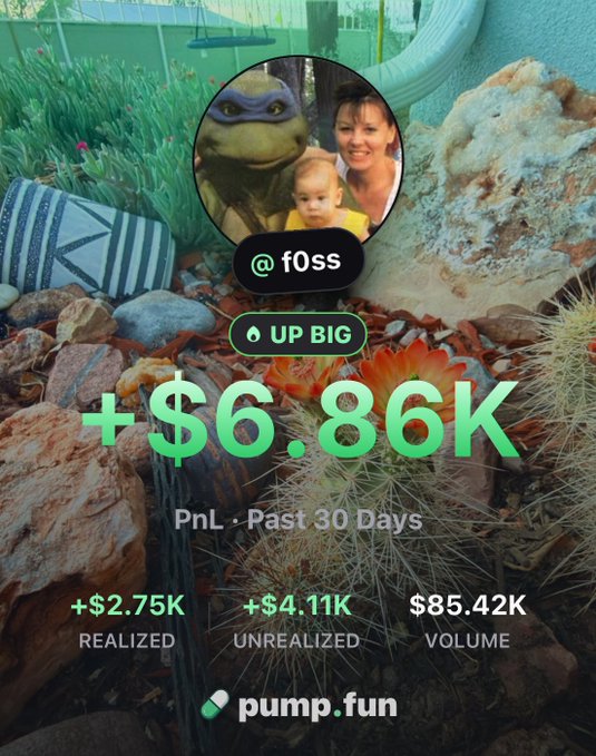 A pump.fun trading card featuring user @f0ss with a profile image of a woman, baby, and frog, showing a 30-day PnL of +$6.86K, with $2.75K realized and $4.11K unrealized gains on $85.42K volume.