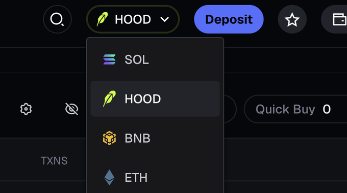 A cryptocurrency trading app interface showing a dropdown menu with options including SOL, HOOD, BNB, and ETH for trading.