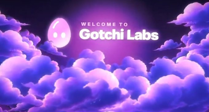 A purple-themed welcome banner reading 'WELCOME TO Gotchi Labs' featuring a cartoon ghost logo against a backdrop of stylized purple clouds.