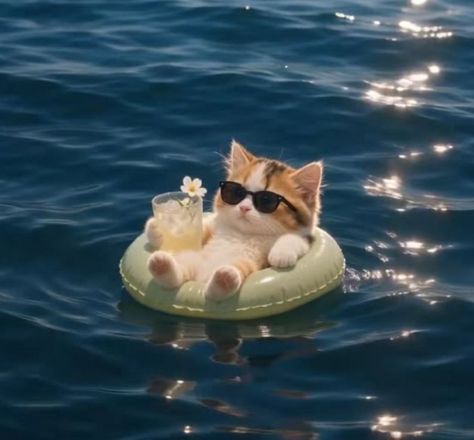 An AI-generated image of a calico kitten wearing sunglasses and relaxing on a green inflatable ring floating in the ocean, holding a glass of lemonade with a small flower.