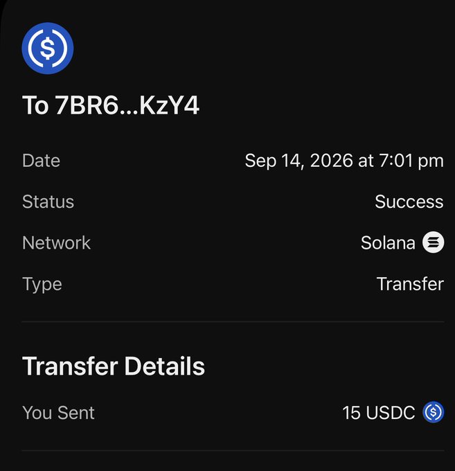 A screenshot of a successful Solana blockchain transaction showing 15 USDC sent to the address starting with 7BR6...KzY4 on Sep 14, 2026, serving as proof of a 15 USDC transfer accompanying the congratulatory post to @Electra_x022.