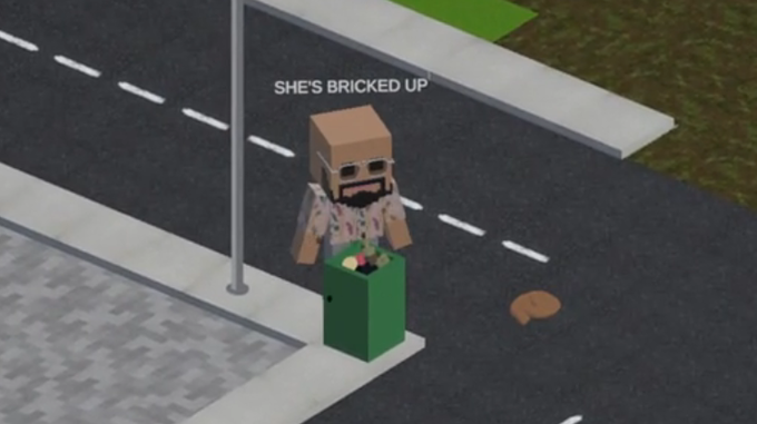 A blocky, voxel-style character wearing sunglasses and a patterned shirt stands beside a green trash can on a city street, with the text "SHE'S BRICKED UP" displayed above and what appears to be a discarded object on the road nearby. The scene has a humorous, meme-like quality that fits the playful tone of the "BRICKTON" street-themed crypto broadcast.