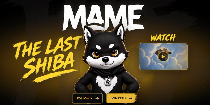 The image features a black and white Shiba Inu dog character with a yellow bow, standing against a dark background. The text "MAME" is displayed above the dog's head, while the word "watch" is written below its neck. A button labeled "Follow X" is located to the left of the dog, and another button labeled "Complete all tasks (Daily, Raid, Mame Warrior quests)" can be found on the right side of the image. The text also mentions a presale for the game, which seems to be related to the Shiba Inu character in some way.