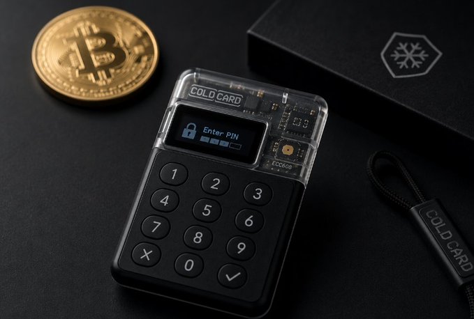 A black Coldcard hardware wallet displaying "Enter PIN" on its screen sits beside a gold Bitcoin coin and a Coldcard-branded box, illustrating the context of a Bitcoin seed generation vulnerability that resulted in approximately 1.082 BTC (~$70 million USD) being withdrawn from over 1,100 addresses due to faulty firmware.