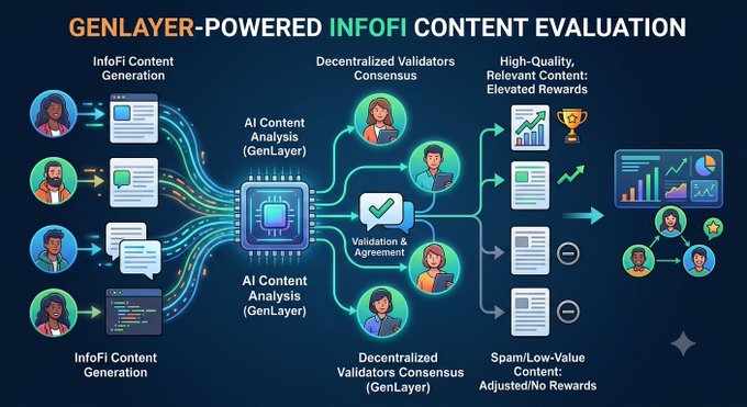 An infographic titled 'GENLAYER-POWERED INFOFI CONTENT EVALUATION' showing a workflow from InfoFi content generation through AI analysis (GenLayer) to decentralized validator consensus, resulting in elevated rewards for high-quality content and adjusted/no rewards for spam.