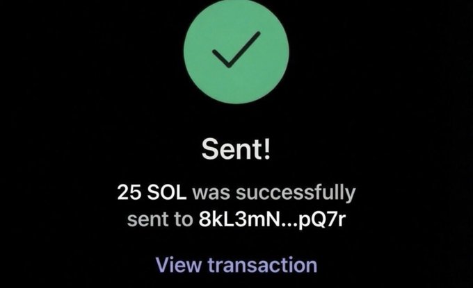 A transaction confirmation screen shows "25 SOL was successfully sent to 8kL3mN...pQ7r" with a green checkmark and a "View transaction" link, demonstrating the result of an airdrop from @AiandTechHub to a follower who completed the engagement requirements.