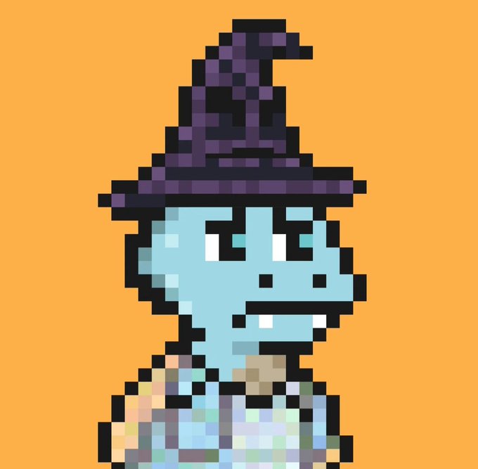 A pixel-art portrait of a blue-skinned character with sharp teeth, wearing a purple and black pointed witch hat and a patchwork shirt against a solid orange backdrop.