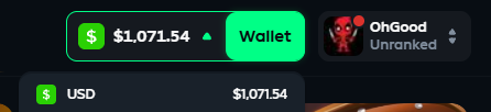 A digital wallet interface displays a balance of '$1,071.54' in USD with an upward green arrow, next to a profile labeled 'OhGood' with an 'Unranked' status.