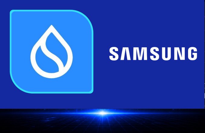 A graphic with the Samsung logo and name in white on a blue background with a glowing light effect at the bottom.