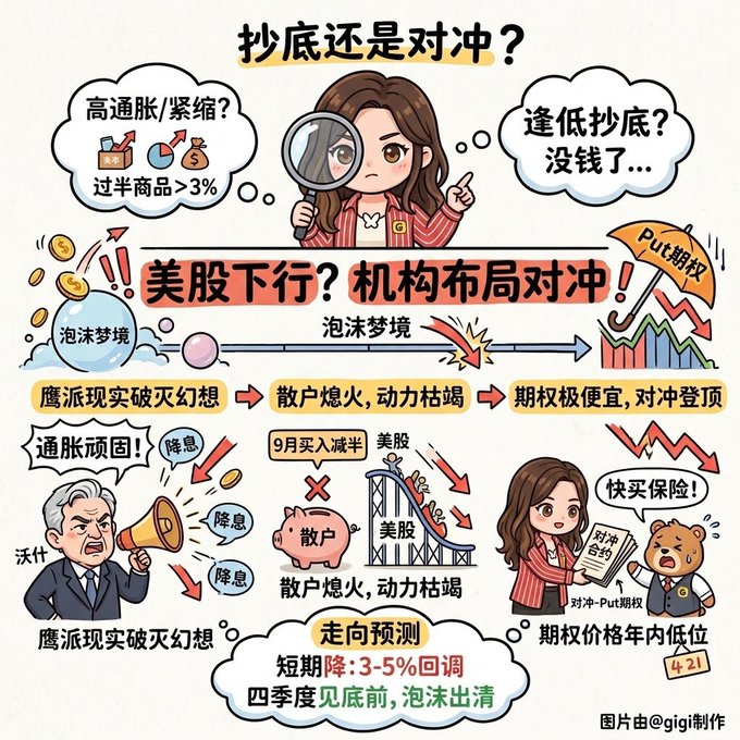 Chinese-language financial infographic titled '抄底还是对冲?' (Bottom fishing or hedging?) discussing US stock market downturns, with illustrations by 'gigi' and mentions of 'Put期权' and Q-21.