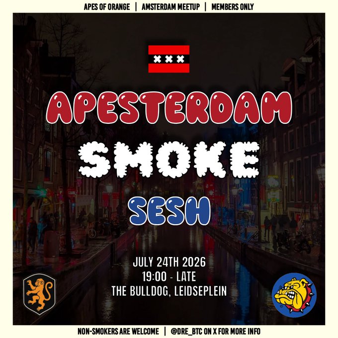 A promotional poster for 'APESTEROAM SMOKE SESH', an Apes of Orange Amsterdam meetup on July 24th, 2026, at The Bulldog, Leidseplein, featuring Amsterdam flag iconography and Amsterdam coat of arms.
