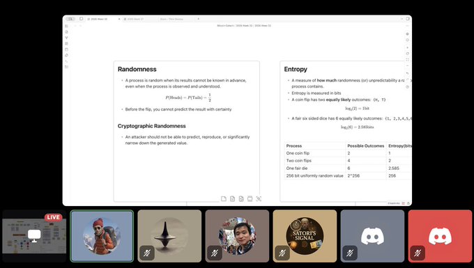 A screenshot from a video call showing a presentation slide about Randomness, Entropy, and Cryptographic Randomness, with visible text including formulas like 'P(Tails) = 1/2' and entropy calculations for coin flips.