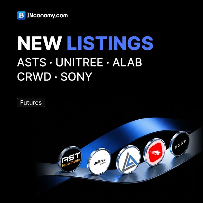 A Biconomy.com promotional graphic announces new futures listings: ASTS (SpaceMobile), UNITREE, ALAB, CRWD, and SONY, displayed as circular logos along a blue ribbon.