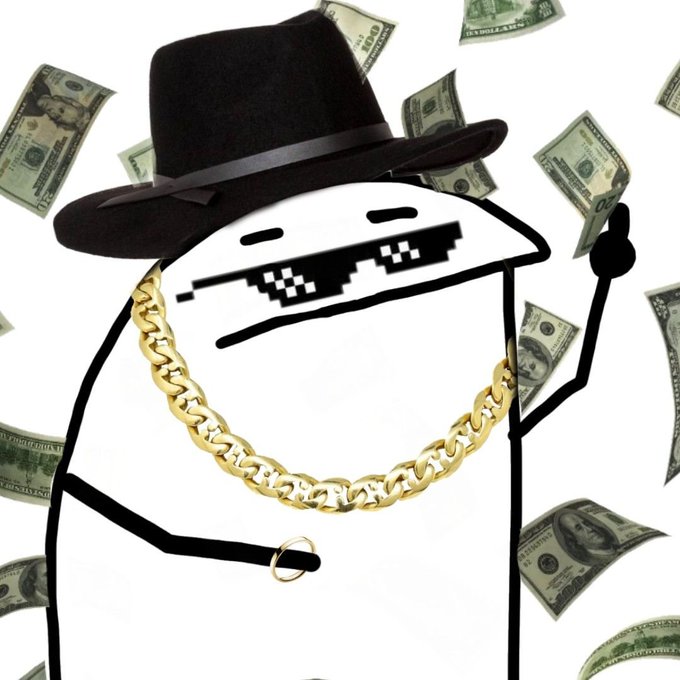 A meme-style white blob character wearing a black fedora, pixel sunglasses, and a gold chain, surrounded by falling hundred-dollar bills.