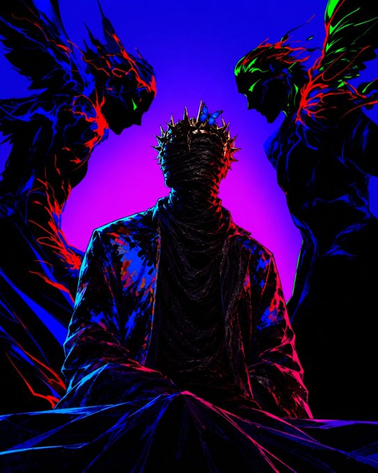 A dark digital illustration features a crowned, hooded figure seated between two demonic entities with glowing red and green accents against a vibrant blue and purple background.