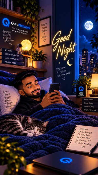 A digital illustration of a man in bed at night using a phone, with a cat beside him and a glowing 'Good Night' neon sign, 'Quip Network' logo, and a moon visible in the background.