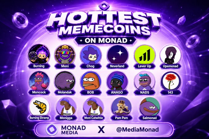 This image showcases "Hottest Memecoins on Monad," featuring various projects like Burning, Moni, Chog, and others, aligning with the post's mention of trending memecoins.