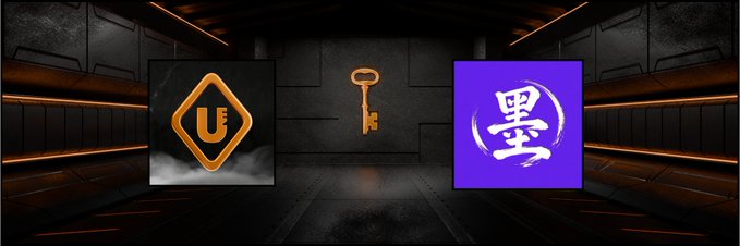 Three square logos displayed against a dark sci-fi corridor background: an orange 'U' emblem on the left, a golden key in the center, and a purple logo with a white Chinese/Japanese character on the right.