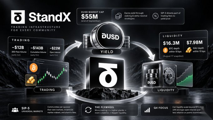 An infographic for 'StandX - Trading Infrastructure for Every Community' displaying metrics including 'DUSD Market Cap $55M', 'Trading ~$12B', 'Liquidity $16.3M', and 'Q4 Focus' on stablecoin expansion.