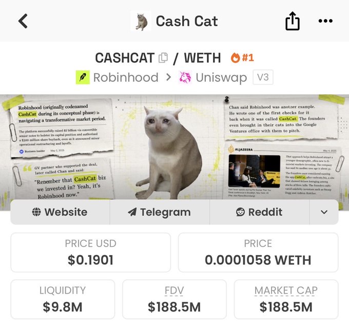 The image shows a meme coin trading page for "Cash Cat" (CASHCAT) on Uniswap V3 via Robinhood, priced at $0.1901 with a $188.5M FDV and $9.8M liquidity, featuring news clippings about Robinhood's founders investing in CashCat. The "Hyperliquid" reference likely relates to the platform's #1 trending status, highlighting the token's popularity on decentralized exchanges.