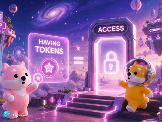 A colorful 3D digital illustration showing a pink dog-like character with a 'HAVING TOKENS' card equating to 'ACCESS' via a glowing portal, with a dog in a spacesuit, branded with 'ROLA'.