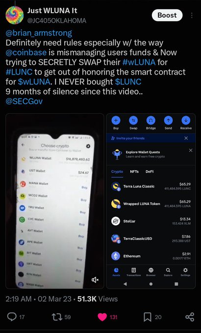 A screenshot of a tweet by @JC405OKLAHOMA tagged 'Just WLUNA It' directed at @brian_armstrong and @SECGov, criticizing Coinbase for allegedly trying to secretly swap $wLUNA for $LUNC, with screenshots showing wallet cryptocurrency balances including WLUNA Wallet ($16,878,480.65) and Terra Luna Classic prices.