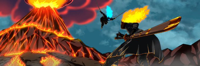 An animated scene depicts a fiery volcanic landscape where a cloaked figure with a flaming head wields a sword against another warrior with blue energy wings.