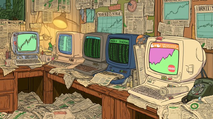 A retro computer setup displays screens showing upward-trending market charts and numbers like "9999" alongside scattered financial newspapers reading "MARKET SURGE," visually capturing the high-energy trading excitement implied by "HYPERLIQUID 🟢."