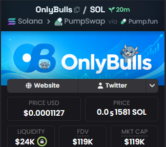 A cryptocurrency token page for 'OnlyBulls' on Solana via PumpSwap/Pump.fun, showing a price of $0.0001127 / 0.00001581 SOL, liquidity of $24K, FDV of $119K, and market cap of $119K.