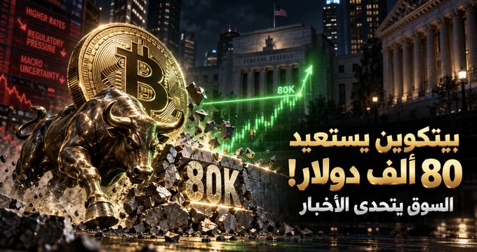 A promotional graphic shows a golden Bitcoin coin and bull statue breaking through a wall, with Arabic text and '80K' referring to a $80,000 milestone.