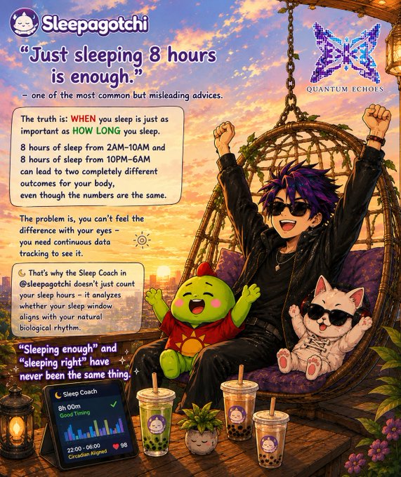 An infographic for 'Sleepagotchi' by Quantum Echoes explaining that 'Just sleeping 8 hours is enough' is misleading, emphasizing that HOW LONG you sleep matters as much as duration, illustrated with a purple-haired character on a hanging chair.