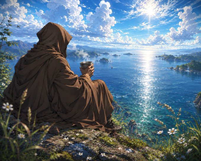 An anime-style illustration of a hooded figure in a brown cloak sitting on a cliff edge, holding a steaming cup while overlooking a vast, sunlit sea with islands and mountains in the distance.