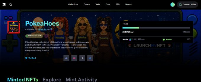 A screenshot of the PokeaHoes NFT collection page on LaunchMyNFT shows a progress bar at 24.07% Sold (245/997), nearly matching the post's claim of "ALMOST 25% MINTED!" and visually representing the approaching milestone for the 1,000-character Pokémon-inspired NFT collection by pokee_la.