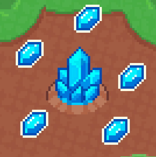 Pixel art showing a blue crystal cluster surrounded by four blue gems on a patch of dirt.