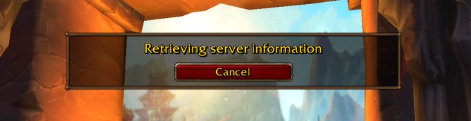 A World of Warcraft login screen displays a "Retrieving server information" dialog box with a "Cancel" button, set against a scenic background, suggesting the player is preparing to log into the game with the welcoming message "Welcome home."