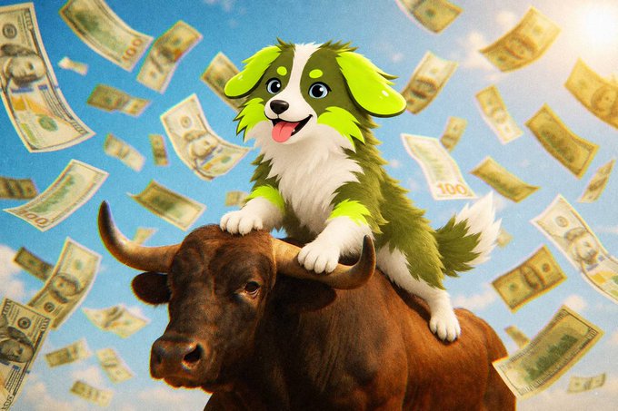 A green and white dog rides atop a brown bull while hundred-dollar bills rain down from a blue sky.