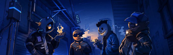 A dark, atmospheric cartoon illustration showing four hooded/masked figures in an urban alleyway at night, with some holding small flames and one smoking, rendered in blue tones with city lights in the background.