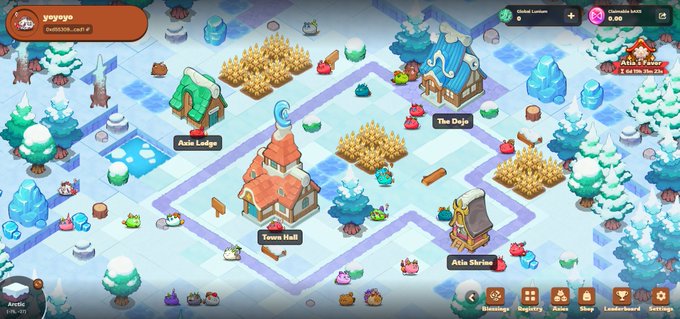 The image features a map of a town filled with buildings that appear to be made out of snow, creating an atmosphere reminiscent of a winter scene. These structures include several trees and even a castle. The layout of the town resembles a terrarium or miniature world within a map, which appears to be part of some online game or application.