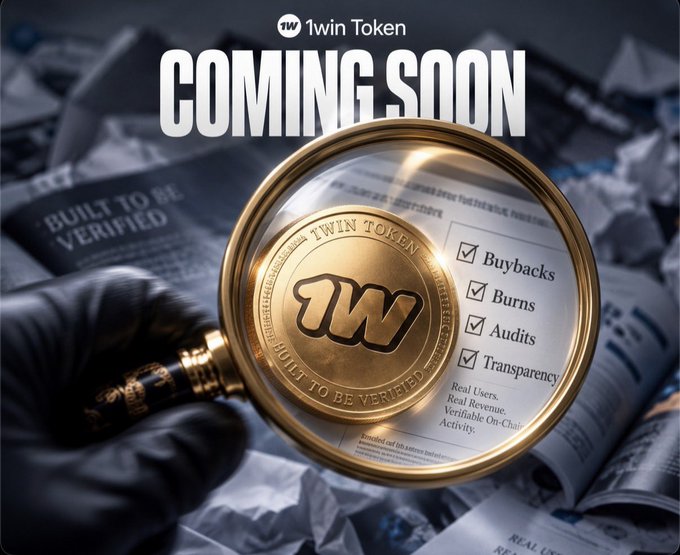 A promotional graphic for '1win Token' with the text 'COMING SOON', showing a gloved hand holding a magnifying glass over a gold coin, with checkmarks next to Buybacks, Burns, Audits, and Transparency.