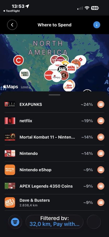 The image shows the DashPay wallet app displaying a "Where to Spend" map of North America with various merchant locations, followed by a list of discount offers including EXAPUNKS (~24%), Netflix (~19%), Mortal Kombat 11 (~14%), Nintendo (~14%), Nintendo eShop (~9%), APEX Legends 4350 Coins (~9%), and Dave & Busters at 2,838.4 km (~9%), with a filter showing "32.0 km, Pay with..." at the bottom. This relates to the promotional post by demonstrating the app's functionality, showcasing the variety of discounts users can access by downloading DashPay to save money at popular retailers and services.