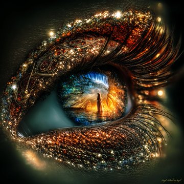 A digitally-rendered, sparkling cosmic eye features a miniature figure standing on a path glowing at its center, reflecting a surreal blend of galaxy and forest imagery that matches the dreamy, AI-generated aesthetic of the post's #AIart theme. There is a small signature in the bottom right corner, though it is not clearly legible.