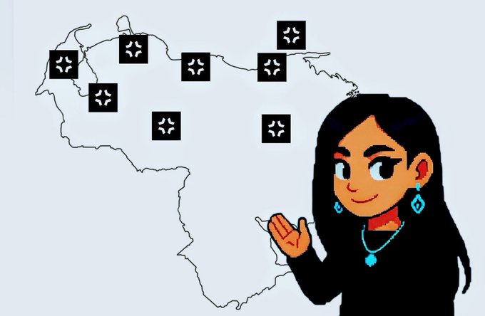 A cartoon illustration of a woman with dark hair and earrings gesturing toward a map of South America marked with several expandable icon squares.
