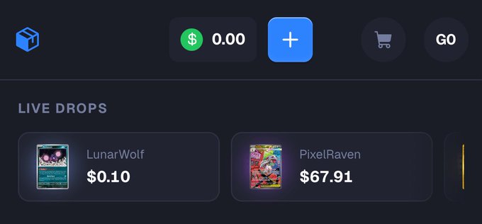The image displays a digital marketplace with "LIVE DROPS" featuring "LunarWolf" for $0.10 and "PixelRaven" for $67.91, which the user claims to own.