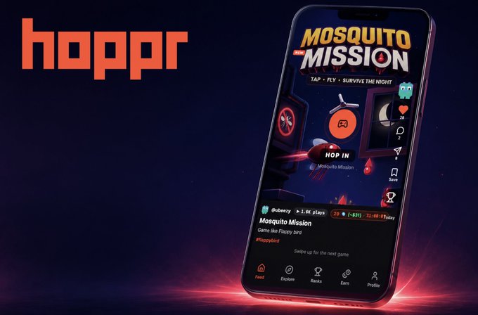 An advertisement features the orange 'hoppr' logo alongside a smartphone displaying a 'MOSQUITO MISSION' game page with 'HOP IN' button.